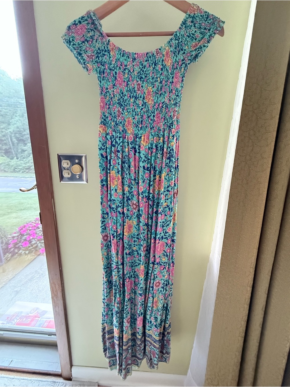 Smocked Off-Shoulder Floral Maxi Dress in Teal and Pink